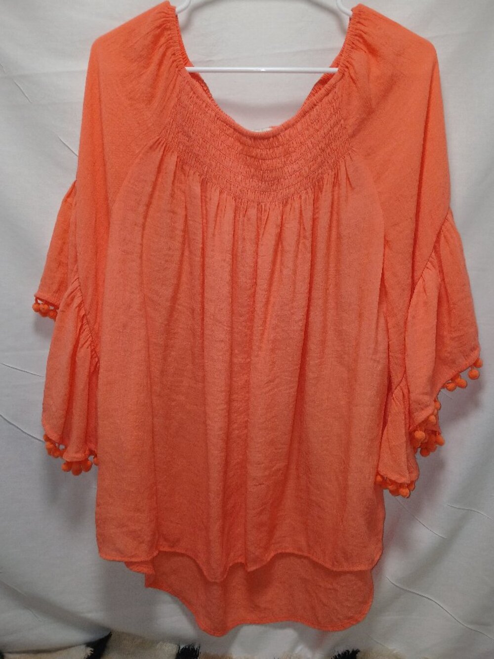 Smocked Peasant Blouse in Burnt Orange – Pom Pom Trim – Flowy Boho Top (L)